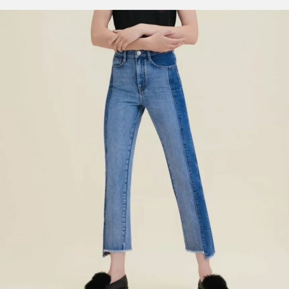 MAJE Packy Straight Cut Two Tone Faded Blue Jeans Gold Zipper FR 34 US 0 - Picture 2 of 12